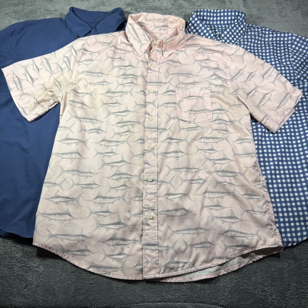 Huk Mens Short Sleeve Fishing Shirt Bundle 3 Pack Blue Pink Marlin Gingham M